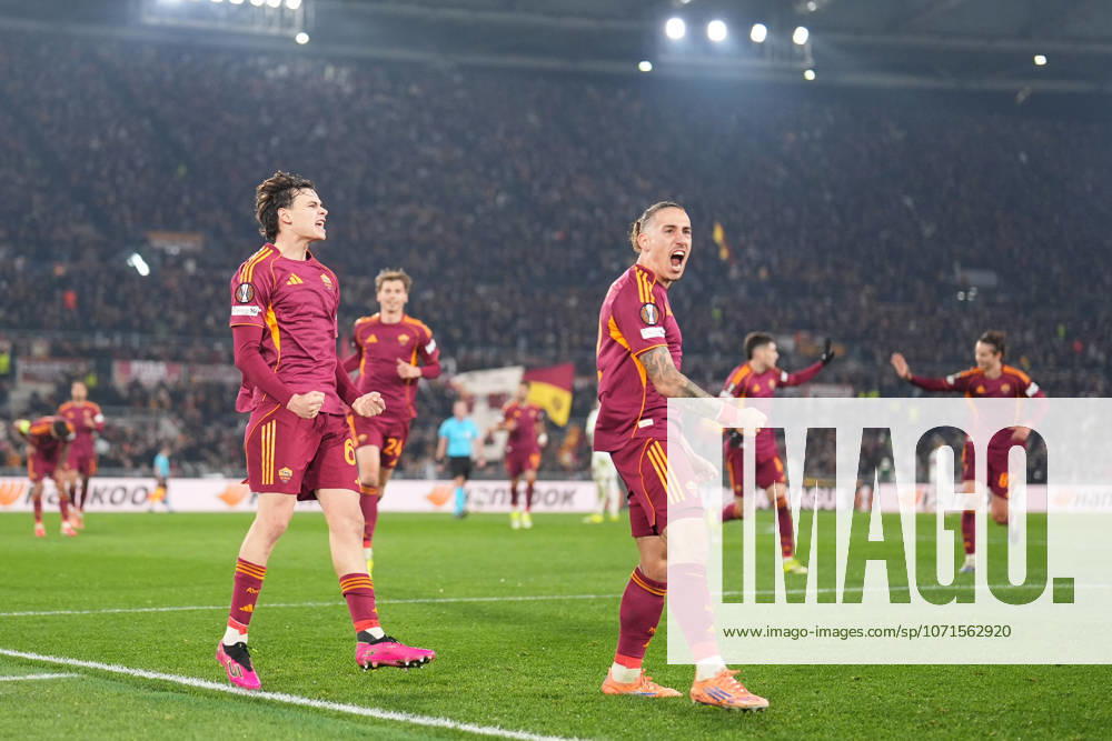 Romas Niccolo Pisilli celebrates after scoring during the Uefa Europa League soccer match between Roma and VFB Stuttgart at the Olympic Stadium in Rome, Italy - Thursday, January 22, 2026. - Soccer .
