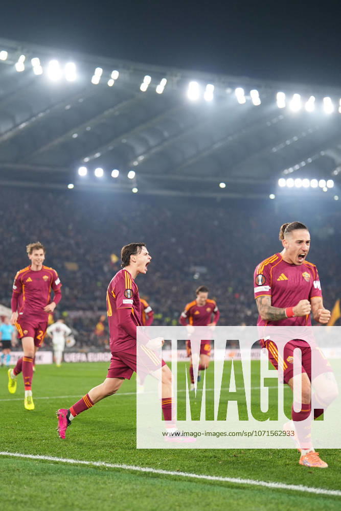 Romas Niccolo Pisilli celebrates after scoring during the Uefa Europa League soccer match between Roma and VFB Stuttgart at the Olympic Stadium in Rome, Italy - Thursday, January 22, 2026. - Soccer .