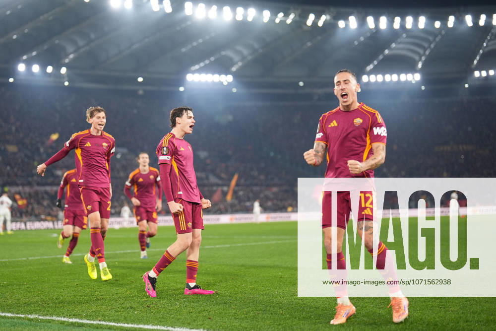 Romas Niccolo Pisilli celebrates after scoring during the Uefa Europa League soccer match between Roma and VFB Stuttgart at the Olympic Stadium in Rome, Italy - Thursday, January 22, 2026. - Soccer .