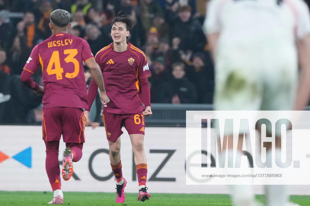 Romas Niccolo Pisilli celebrates after scoring during the Uefa Europa League soccer match between Roma and VFB Stuttgart at the Olympic Stadium in Rome, Italy - Thursday, January 22, 2026. - Soccer .