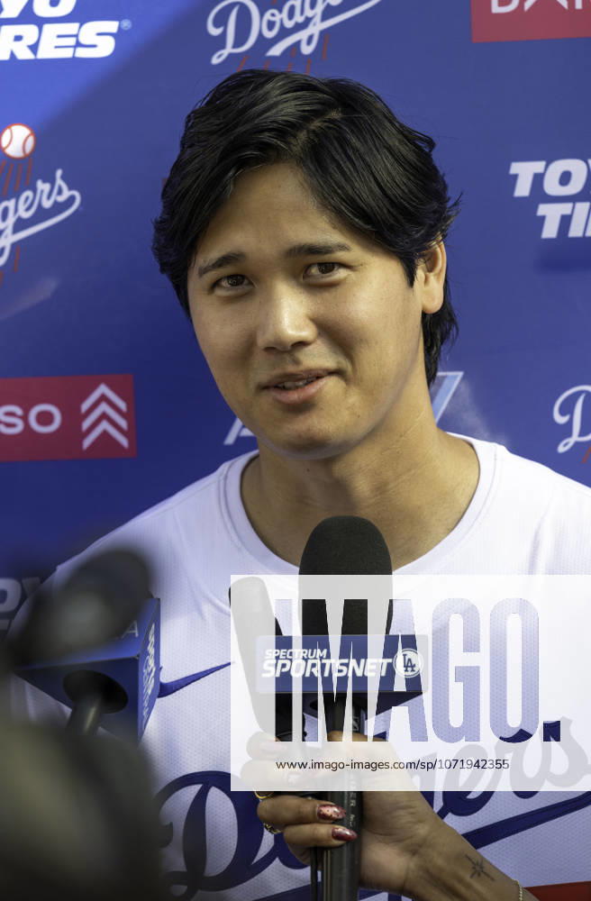 Los Angeles Dodger SHOHEI OHTANI speaking to the media at DodgerFest at Dodger Stadium on January 31, 2026. News - January 31, 2026 - ZUMAh234 20260131_zsp_h234_011