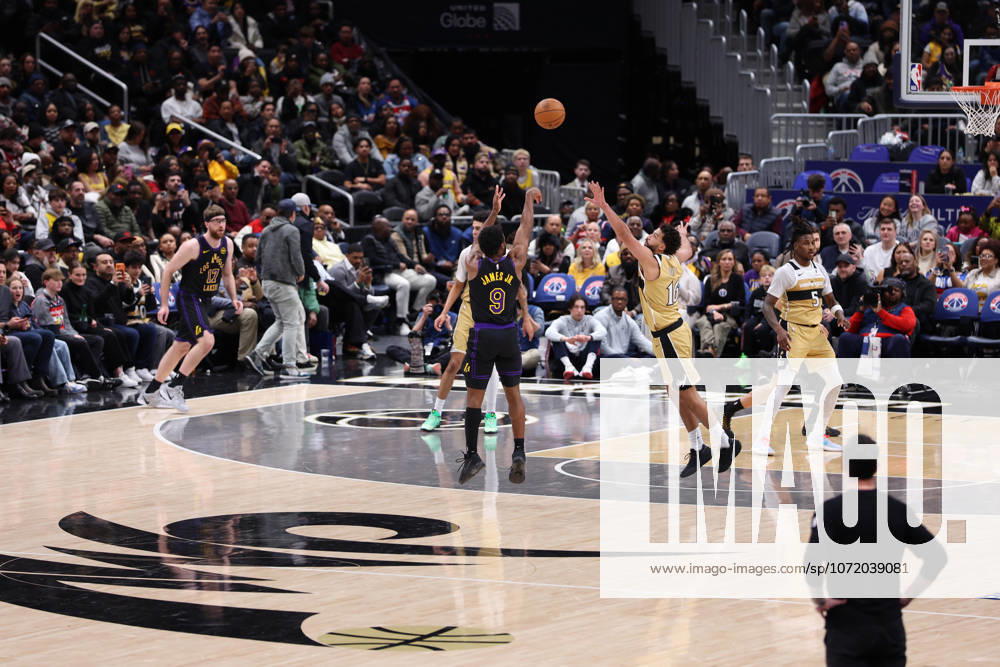 BRONNY JAMES 9 of the Los Angeles Lakers shoots a three point basket during the game against the Washington Wizards at Capital One Arena Washington USA - ZUMAs352 20260130_zsp_s352_003