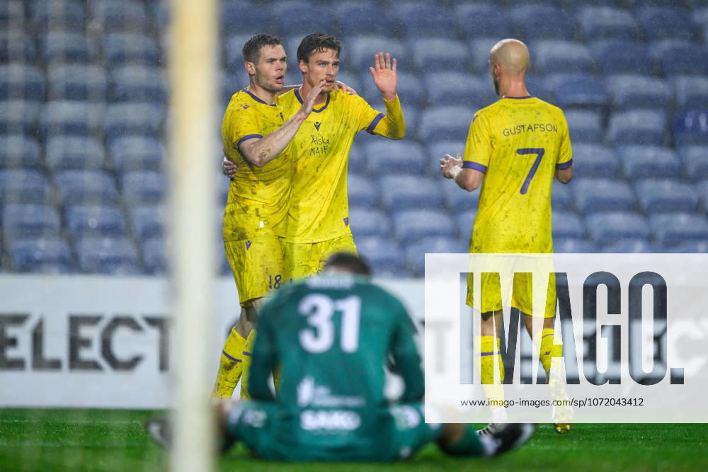 Jacob Bergström, Jeppe Kjaer and Viktor Gustafson of Mjällby celebrates after 1-1 during the Atlantic cup match between Mjällby and Artis Brno on February 3, 2026 in Faro. Photo: Jesper Zerman BILDBYRAN kod JZ JZ0671 fotboll football soccer fotball atlantic cup mjällby artis brno bbeng jubel celebrates