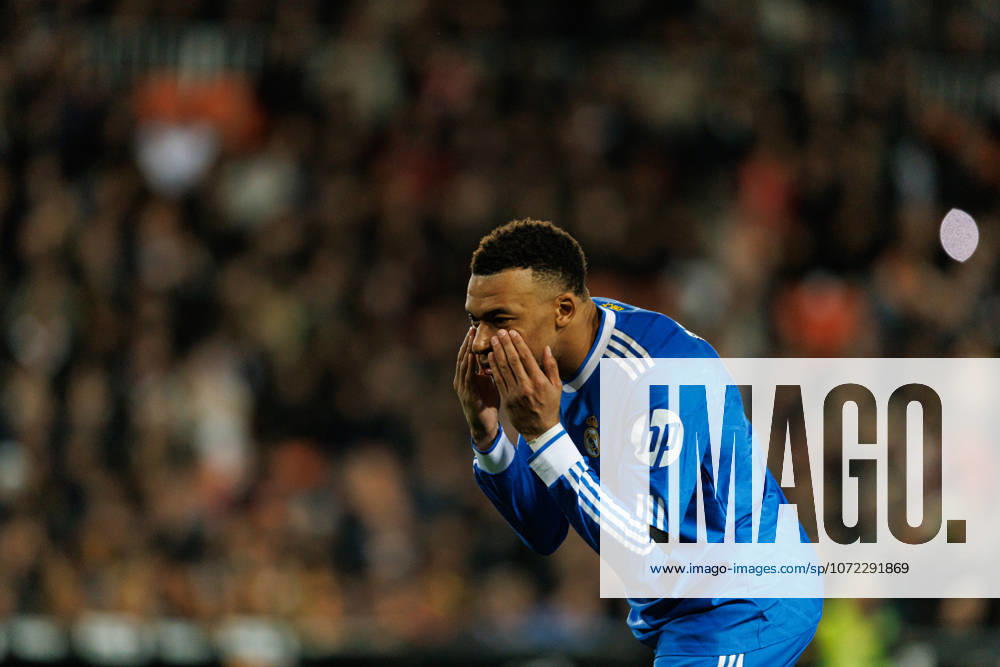 Kylian Mbappe seen celebrating after goal during LaLiga EA Sports game between teams of Valencia CF and Real Madrid CF (Maciej Rogowski Ball Raw Images) Valencia Mestalla Spain