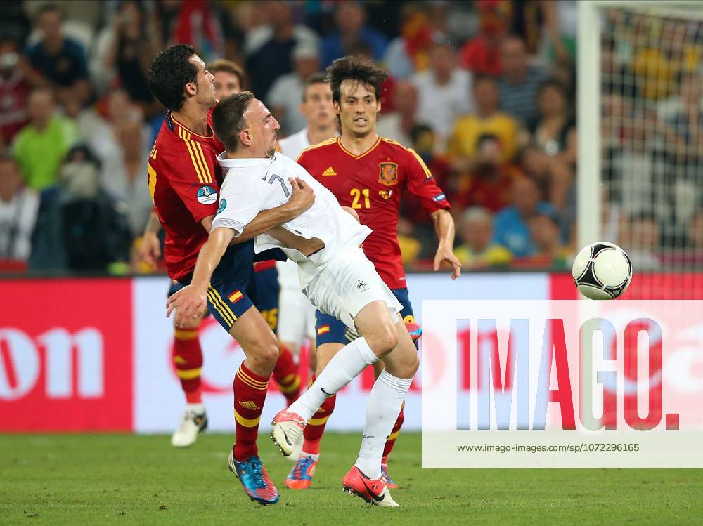 Spain V France, UEFA EURO, EM, Europameisterschaft,Fussball 2012 Quarter Final Alvaro Negredo of Spain and Franck Ribery of France challenge during the UEFA Euro 2012 Quarter Final match between Spain and France at Donbass Arena on June 23, 2012 in Donetsk, Ukraine. Donetsk Donbass Arena Ukraine Ukraine
