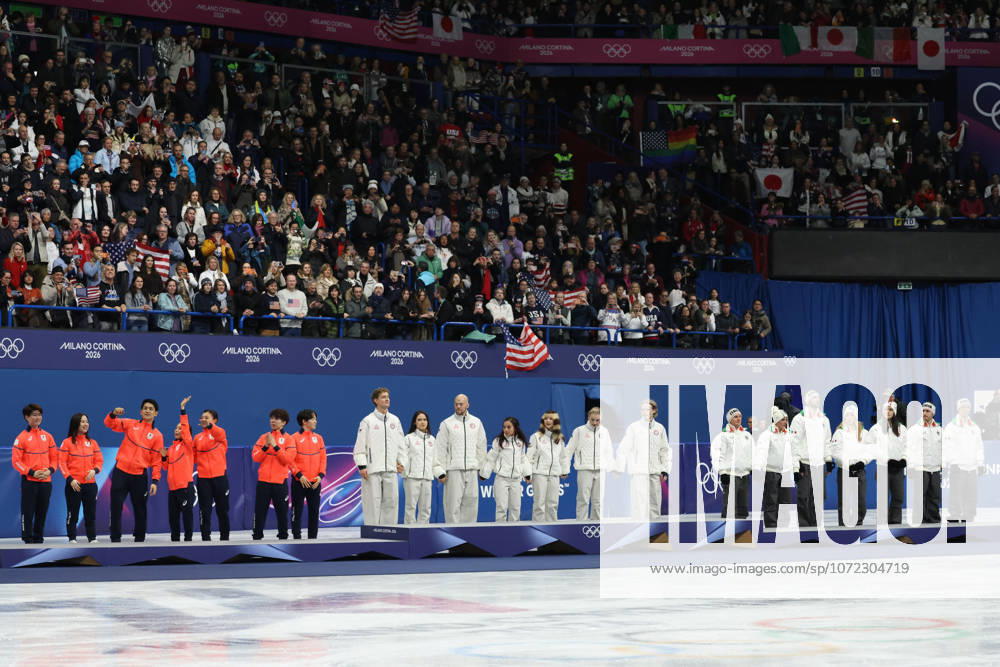 Team USA, Team Japan and Team Italy are the gold, silver and bronze medal winners during the Victory Ceremony of the Figure skating, Eiskunstlauf Team Event at the Milano Cortina 2026 Winter Olympic Games, Olympische Spiele, Olympia, OS Milan Italy - ZUMAc179 20260208_oly_c179_149