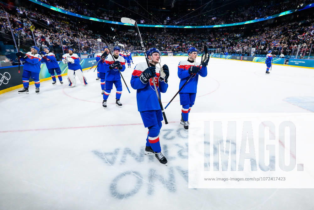 Oliver Okuliar and Dalibor Dvorsky of Slovakia celebrate after the men s Ice hockey, Eishockey game between Slovakia and Finland during day 5 of the 2026 Winter Olympics on February 11, 2026 in Milan. Photo: Carl Sandin BILDBYRAN kod CS CS0869 ishockey ice hockey Olympic Games, Olympische Spiele, Olympia, OS olympics winter olympics os ol olympiska spel vinter-os olympiske leker milano cortina 2026 milan cortina 2026 milano cortina 2026 olympic games milano cortina 2026 winter olympic games milano cortina-os milano cortina-ol vinter-ol 5 bbeng slovakia slovakien finland jubel