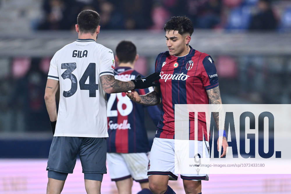 Mario Gila of S.S. Lazio and Santiago Castro of Bologna F.C. are in action during the quarter-finals of the Coppa Italia Frecciarossa between Bologna F.C. and S.S. Lazio at the Renato Dall Ara Stadium on February 11, 2026 in Bologna, Italy.
