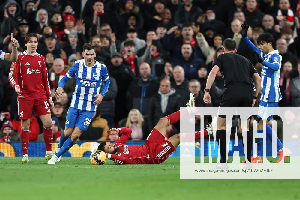 Liverpool v Brighton & Hove Albion, Emirates FA Cup Pascal Gross of Brighton And Hove Albion fouls Mohamed Salah of Liverpool, PENALTY, during the Liverpool v Brighton & Hove Albion Emirates FA Cup 4th Round match at Anfield, Liverpool, England on 14 February 2026 Credit: Ian Stephen Every Second Media Editorial use only. All images are copyright Every Second Media Limited. No images may be reproduced without prior permission. All rights reserved. Premier League and Football League images are subject to licensing agreements with Football DataCo Limited. see https: www.football-dataco.com