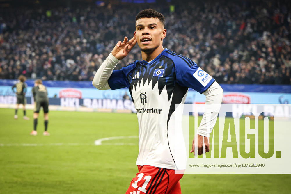2026.02.14 Fussball 1. Bundesliga Hamburger Sportverein - 1.FC Union Berlin v.l. Ransford Koenigsderffer (Hamburger SV ,11) feiert sein Tor zum 3:1 fuer den Hamburger SV (DFL regulations prohibit any use of photographs as image sequences and or quasi-video.