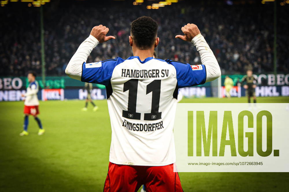 2026.02.14 Fussball 1. Bundesliga Hamburger Sportverein - 1.FC Union Berlin v.l. . Ransford Koenigsderffer (Hamburger SV ,11) feiert sein Tor zum 3:1 fuer den Hamburger SV (DFL regulations prohibit any use of photographs as image sequences and or quasi-video.