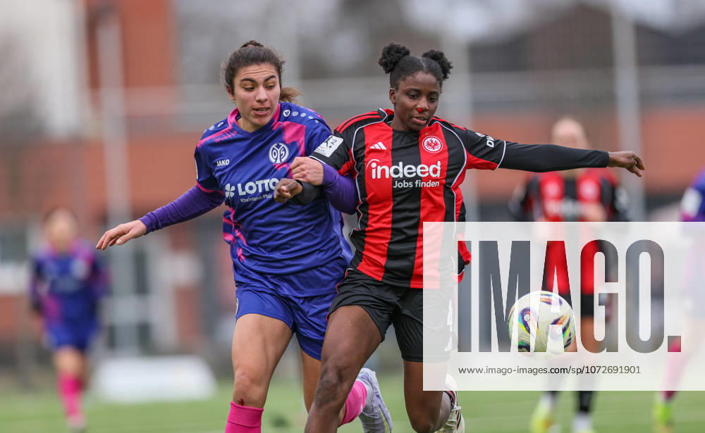 GER, Frankfurt, Eintracht Frankfurt II vs FSV Mainz 05, 2. Frauen Bundesliga, Fussball, DFB, Spielzeit 2025 2026, Stadion am Brentanobad, 17. Spieltag im Bild v.l.: Sarah Khalifa (Mainz 05), Emily Wallrabenstein (Eintracht Frankfurt II 4) DFB DFL REGULATIONS PROHIBIT ANY USE OF PHOTOGRAPHS AS IMAGE SEQUENCES AND OR QUASI-VIDEO