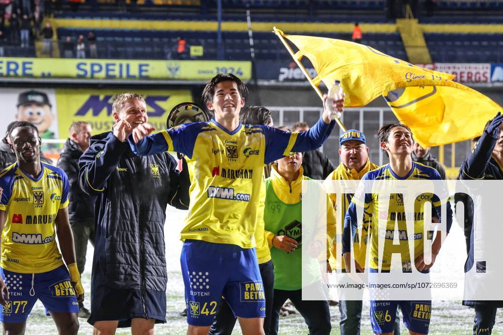 STVV s players celebrate after winning a soccer match between Sint-Truidense V.V. and Zulte Waregem, Sunday 15 February 2026 in Sint-Truiden, on day 25 of the 2025-2026 Jupiler Pro League first division of the Belgian championship. BRUNOxFAHY x163668271x