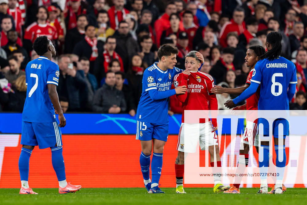 FBL-Uefa Champions League 2025-26 SL Benfica - Real Madrid Gianluca Prestianni of Benfica discusses with Vinicius Junior of Real Madrid during the UEFA Champions League 2025-26 League Play-off First Leg match between Lisboa e Benfica and Real Madrid at Estadio da Luz on Tuesday 17 February 2026 in Lisbon, Portugal