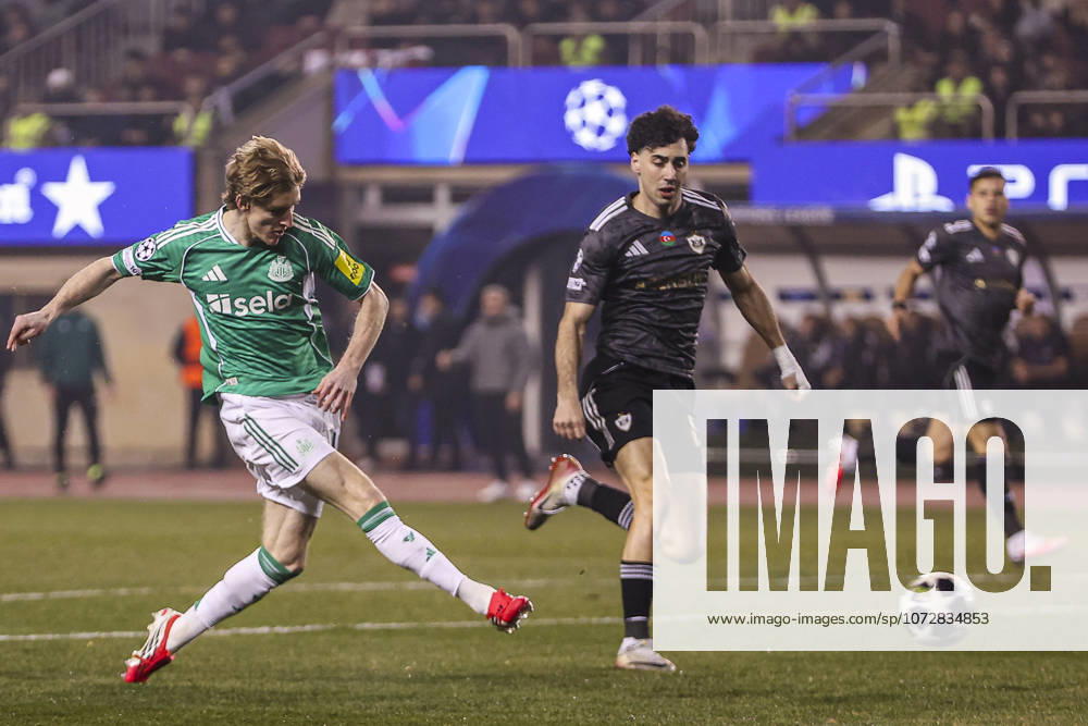Anthony Gordon of Newcastle United scores a goal during Champions League knockout phase play-off first leg football match between Qarabag and Newcastle United at the Tofiq Bahramov Republican Stadium in Baku on February 18, 2026. (Photo by Firudin Salimov Sports Press Photo)