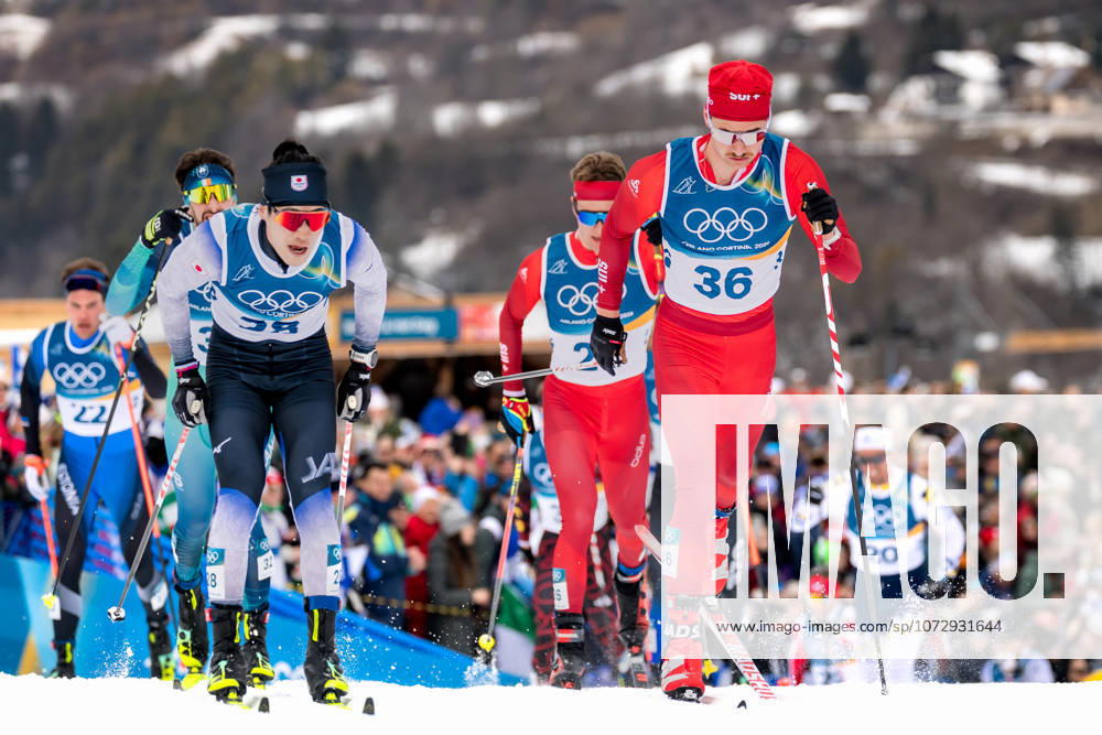 OLYMPICS - Winter Olympic Games, Olympische Spiele, Olympia, OS Milano Cortina 2026 TESERO,ITALY,21.FEB.26 - OLYMPICS, NORDIC SKIING, NORDIC COMBINED, CROSS COUNTRY - Winter Olympic Games Milano Cortina 2026, 50km, mass start, classic, men. Image shows Jakob Elias Moch (GER), Beda Klee and Nicola Wigger (SUI). GEPAxpictures xMatthiasxTrinkl