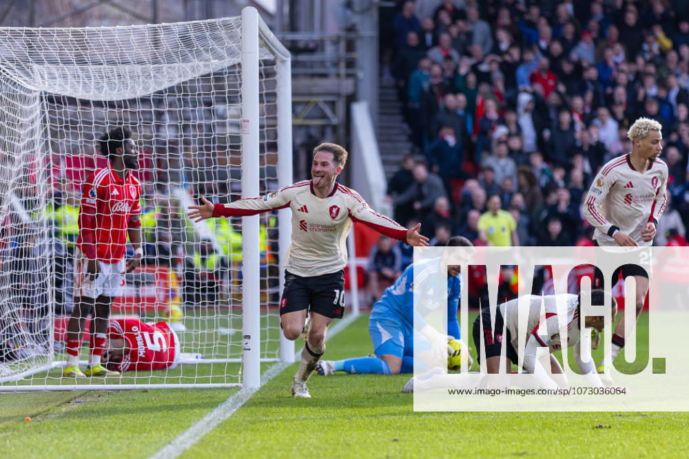 Football - FA Premier League - Nottingham Forest FC v Liverpool FC NOTTINGHAM, ENGLAND - Sunday, February 22, 2026: Liverpool s Alexis Mac Allister celebrates after scoring the first goal during the FA Premier League match between Nottingham Forest FC and Liverpool FC at the City Ground. (Photo by David Rawcliffe Propaganda) NOTTINGHAM City Ground NOTTINGHAMSHIRE ENGLAND