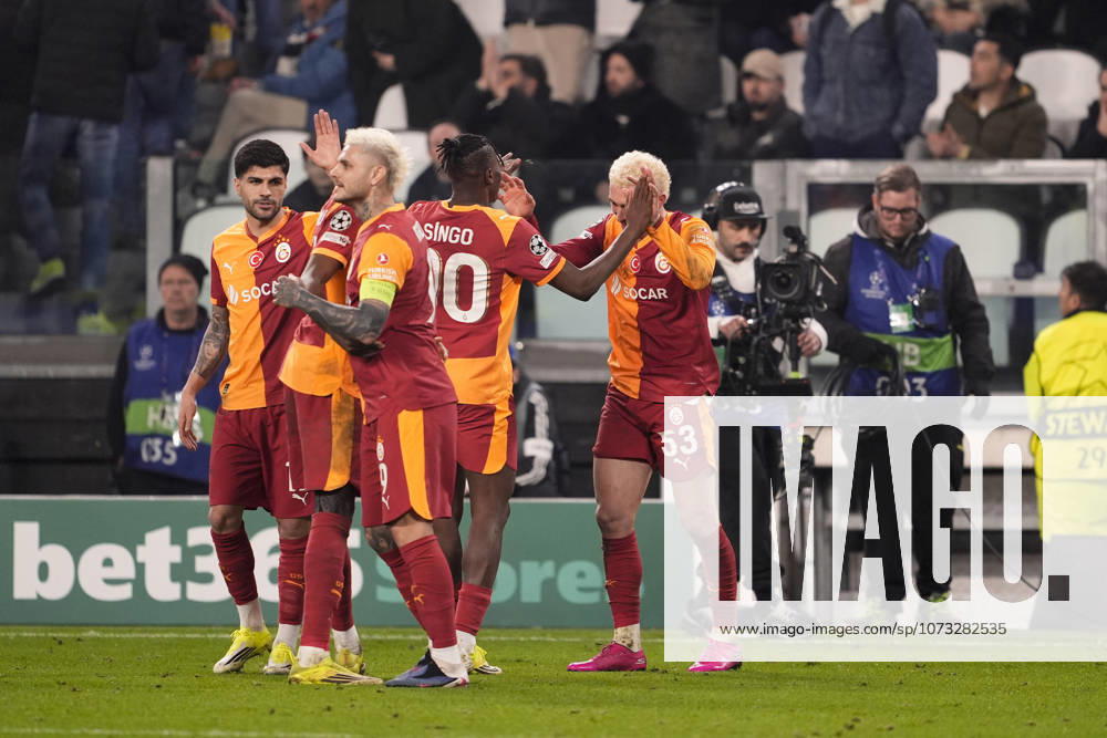 Galatasaray s Baris Yilmaz celebrates after scoring the 3-2 goal for his team during the Uefa Champions League soccer match between Juventus and Galatasaray at the Allianz Stadium in Turin, playoff 2 2, north west Italy - January 25, 2026. - Soccer