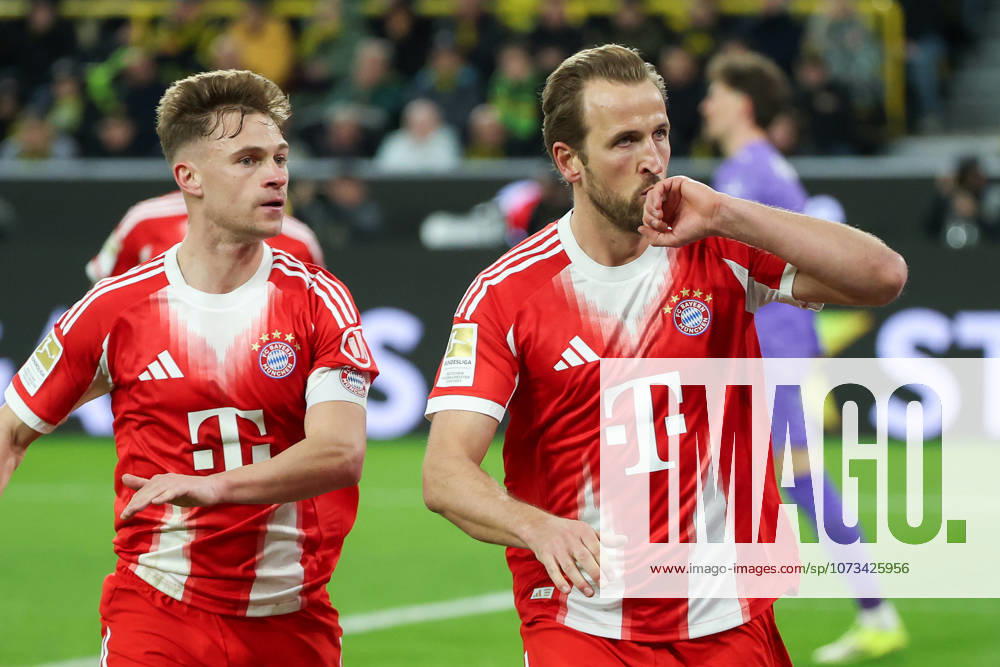1. Bundesliga - Borussia Dortmund - FC Bayern München am 28.02.2026 im Signal Iduna Park in Dortmund Jubel, Torjubel, Torschuetze, Torschütze Harry Kane (Muenchen 9) jubelt nach seinem Tor zum 1 zu 2 mit Joshua Kimmich (Muenchen 6)
