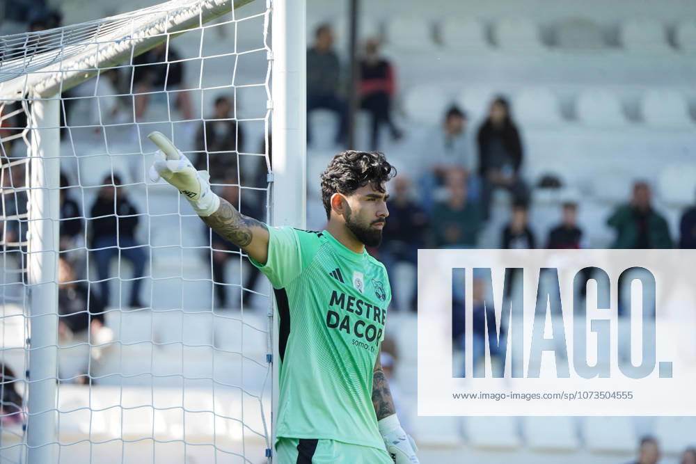 Liga Portugal 2 Meu Super Round 24 football match between SC Farense and Lusitania Lourosa FC, Faro, Portugal Faro, Portugal. 1 st Mar, 2026. Vitor Hugo, Lourosa FC goalkeeper, directing his teamates on a freekick during the SC Farense 2 - 1 Lusitano Lourosa FC Round 24 match for the football Liga Portugal 2 Meu Super. Nuno Pires Veloso Alamy Live News