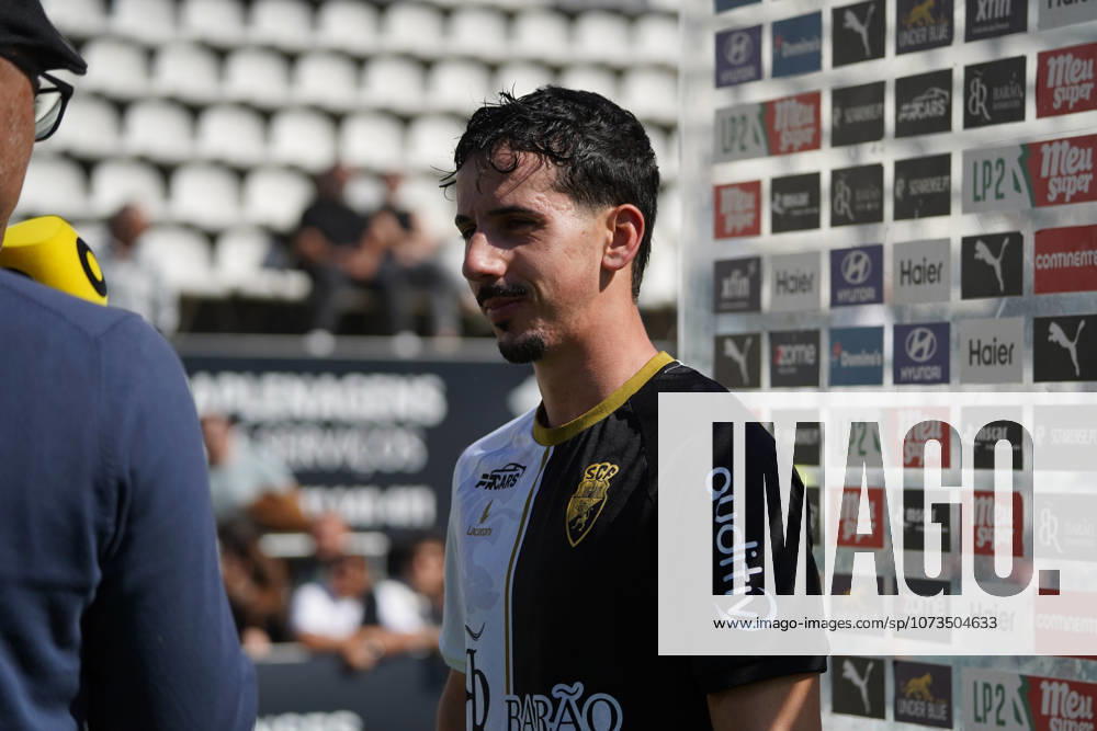 Liga Portugal 2 Meu Super Round 24 football match between SC Farense and Lusitania Lourosa FC, Faro, Portugal Faro, Portugal. 1 st Mar, 2026. Andre Candeias, SC Farense player that scored the winning goal, at the flash interview in the end of the SC Farense 2 - 1 Lusitano Lourosa FC Round 24 match for the football Liga Portugal 2 Meu Super. Nuno Pires Veloso Alamy Live News
