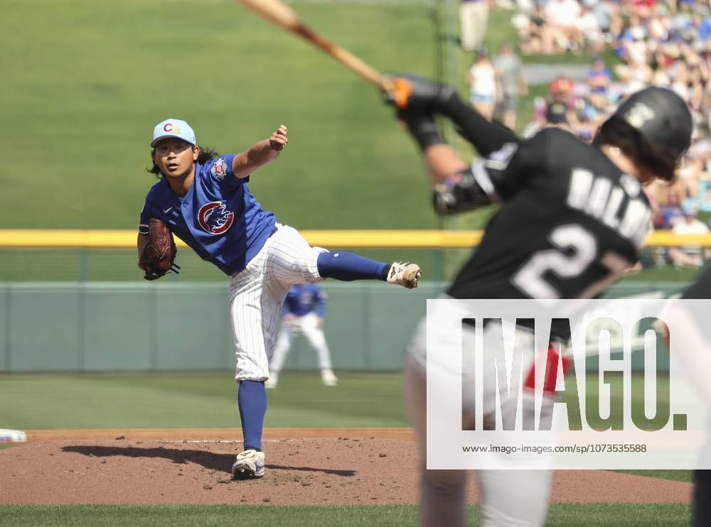 MLB, Baseball Herren, USA spring training game Chicago Cubs Shota Imanaga pitches in the first inning of a spring training game against the Chicago White Sox in Mesa, Arizona, on March 1, 2026. A14AA0005339982P