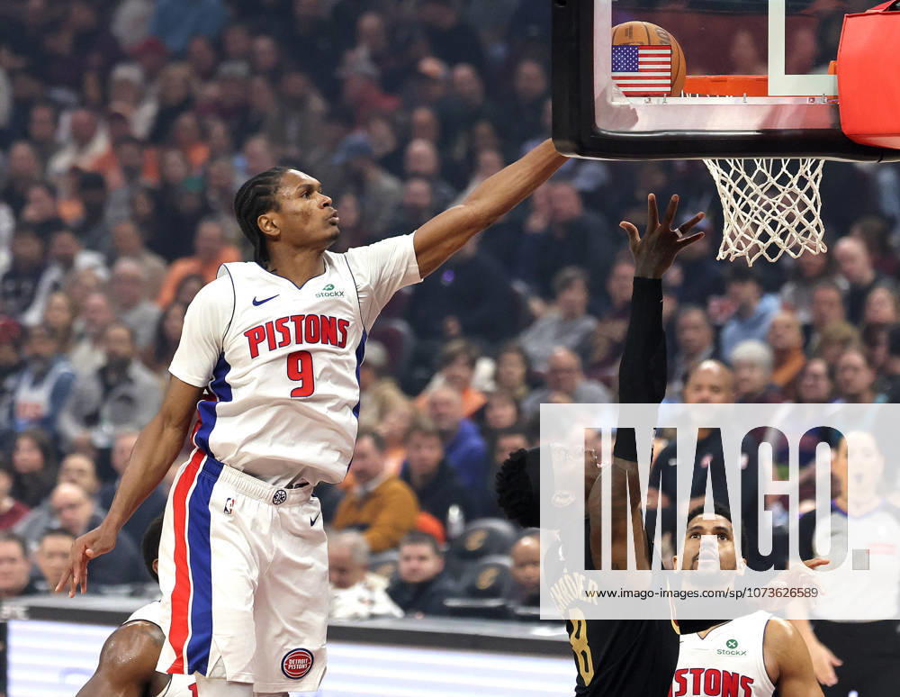Detroit Piston s Ausar Thompson (9) blocks the shot of Cleveland Cavalier s Dennis Schroder (8) during the fourth quarter in Cleveland, Ohio Tuesday March 3, 2026. The Cavaliers defeated the Pistons 113-109. CLE20260303116 AARONxJOSEFCZYK