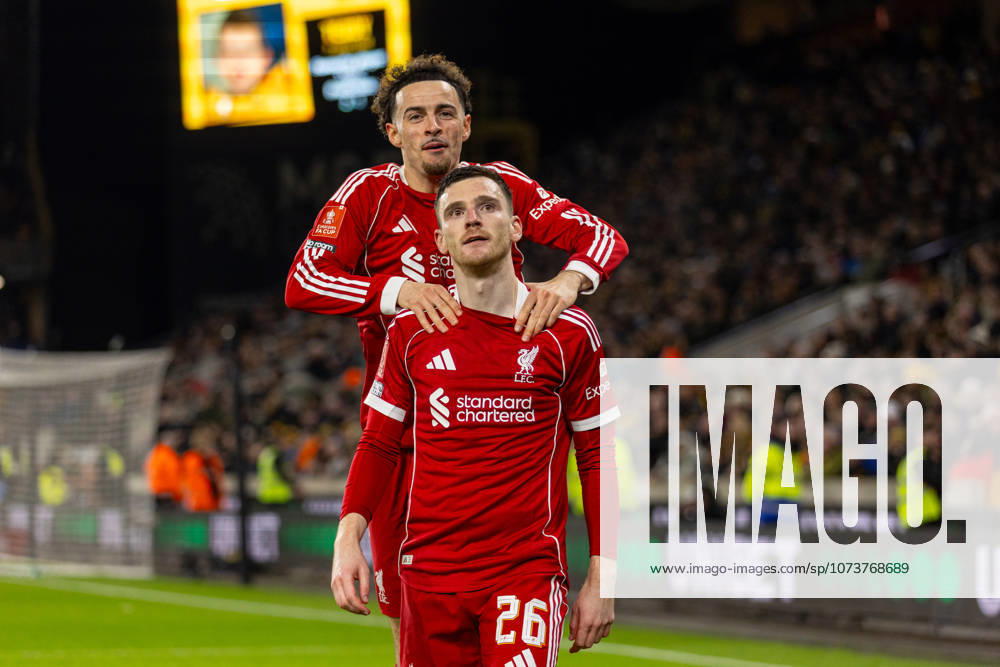 Football - FA Cup - 5th Round - Liverpool FC v Wolverhampton Wanderers FC WOLVERHAMPTON, ENGLAND - Friday, March 6, 2026: Liverpool s Andy Robertson (R) celebrates with team-mate Curtis Jones after scoring the first goal during the FA Cup 5th Round match between Liverpool FC and Wolverhampton Wanderers FC at Molineux. (Photo by David Rawcliffe Propaganda) WOLVERHAMPTON Molineux WEST MIDLANDS ENGLAND