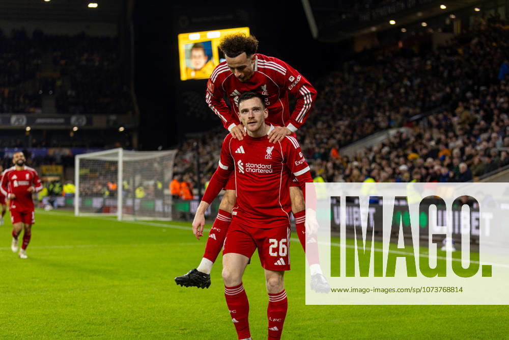 Football - FA Cup - 5th Round - Liverpool FC v Wolverhampton Wanderers FC WOLVERHAMPTON, ENGLAND - Friday, March 6, 2026: Liverpool s Andy Robertson (R) celebrates with team-mate Curtis Jones after scoring the first goal during the FA Cup 5th Round match between Liverpool FC and Wolverhampton Wanderers FC at Molineux. (Photo by David Rawcliffe Propaganda) WOLVERHAMPTON Molineux WEST MIDLANDS ENGLAND