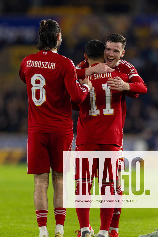 Football - FA Cup - 5th Round - Liverpool FC v Wolverhampton Wanderers FC WOLVERHAMPTON, ENGLAND - Friday, March 6, 2026: Liverpool s Mohamed Salah celebrates with team-mate Andy Robertson (R) after scoring the second goal during the FA Cup 5th Round match between Liverpool FC and Wolverhampton Wanderers FC at Molineux. (Photo by David Rawcliffe Propaganda) WOLVERHAMPTON Molineux WEST MIDLANDS ENGLAND