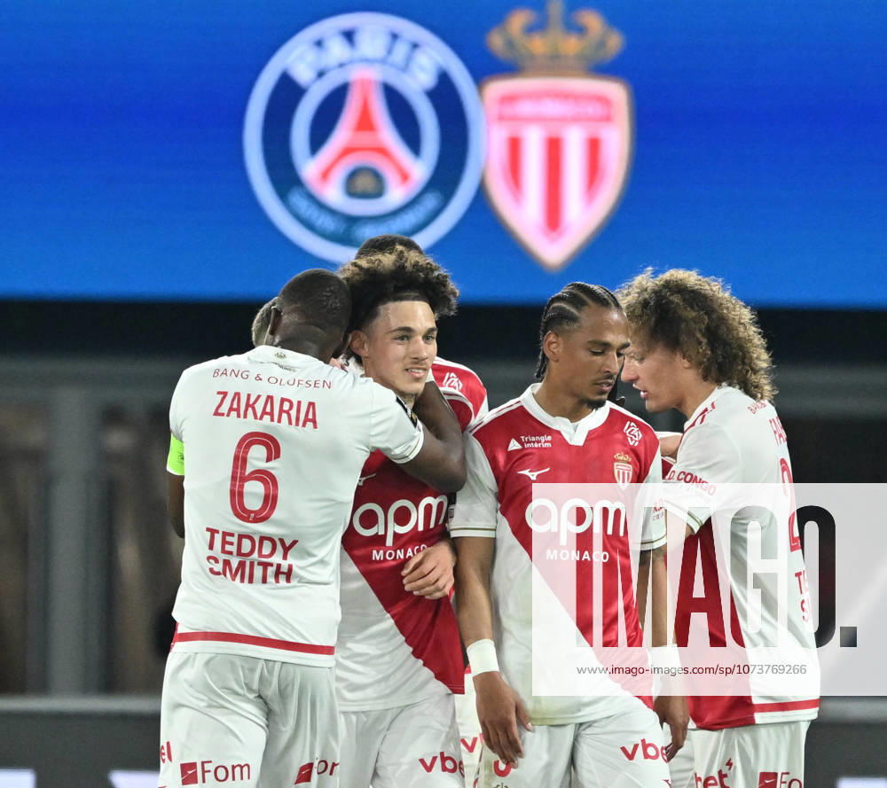 PSG vs AS Monaco: French Ligue 1 PARIS, FRANCE - MARCH 06: Maghnes Akliouche (2nd L) of Monaco celebrates after scoring during the French Ligue 1 (L1) soccer match between Paris Saint-Germain (PSG) and AS Monaco at Parc des Princes stadium in Paris, France on March 06, 2026. Mustafa Yalcin Anadolu Paris France. Editorial use only. Please get in touch for any other usage.
