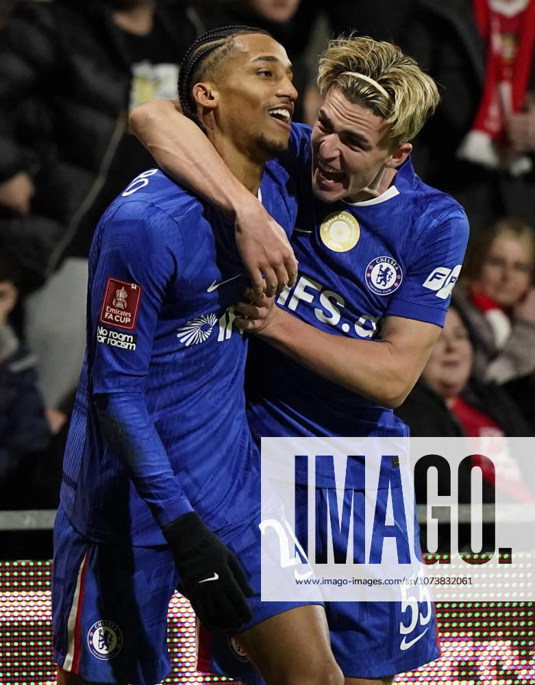 Wrexham, Wales, 7th March 2026. Joao Pedro of Chelsea (L) celebrates after scoring the fourth goal withJesse Derry of Chelsea during the Wrexham vs Chelsea FA Cup match at the SToK Cae Ras, Wrexham. Picture credit should read: Andrew Yates Sportimage . SPI_051_AY_WREXHAM_CHELSEA SPI-4589-0050