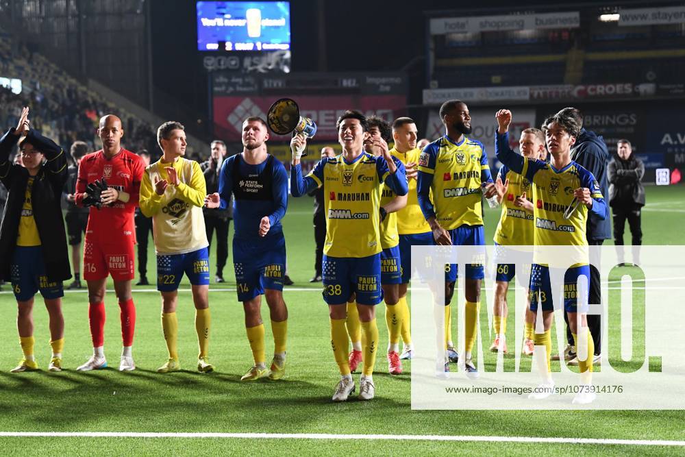 STVV s players celebrate after winning a soccer match between Sint-Truidense V.V. and Cercle Brugge, Sunday 08 March 2026 in Sint-Truiden, on day 28 of the 2025-2026 Jupiler Pro League first division of the Belgian championship. JILLxDELSAUX x166894328x