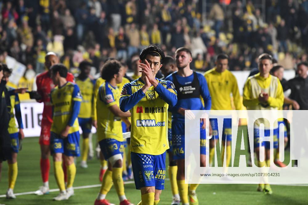 STVV s players celebrate after winning a soccer match between Sint-Truidense V.V. and Cercle Brugge, Sunday 08 March 2026 in Sint-Truiden, on day 28 of the 2025-2026 Jupiler Pro League first division of the Belgian championship. JILLxDELSAUX x166894336x