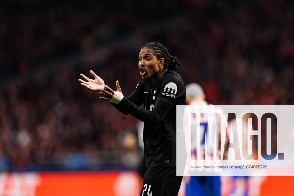 Djed Spence seen during UEFA Champions League round of 16 game between teams of Atletico de Madrid and Tottenham Hotspur Football Club (Joao Gregorio Ball Raw Images) Madrid Riyadh Air Metropolitano Spain