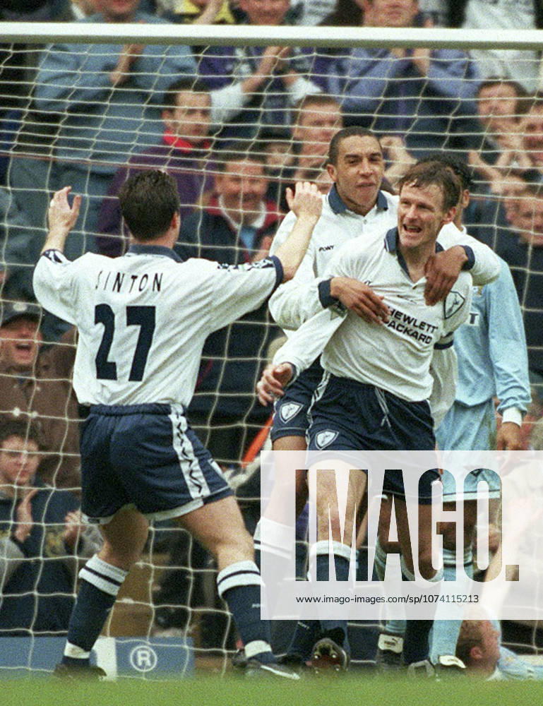 Tottenham Hotspur V Coventry City, Premier League Teddy Sherringham, Chris Armstrong and Andy Sinton of Tottenham Hotspur celebrate during the Premier League match between Tottenham Hotspur and Coventry City at White Hart Lane on March 30, 1996 in London, England. London White Hart Lane England United Kingdom