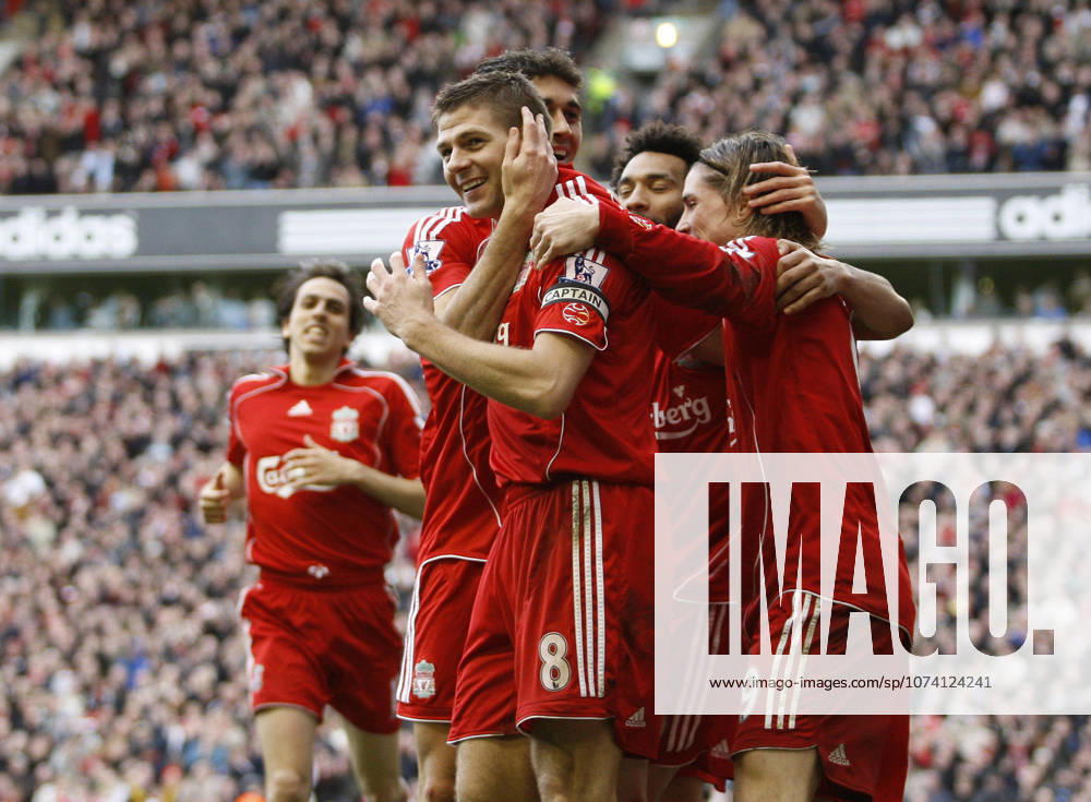 Steven Gerrard of Liverpool celebrates scoring the third goal