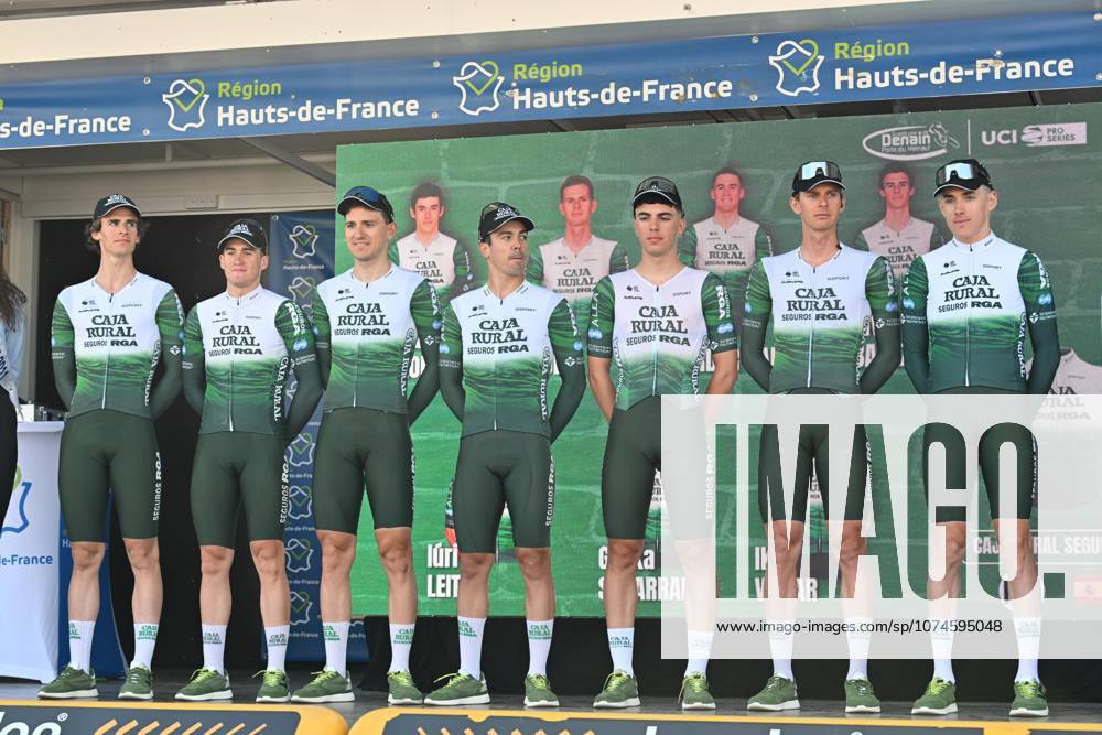 67th Grand Prix De Denain Team Caja Rural-Seguros RGA, including Ellande Larronde (France), Jakub Otruba (Czech Republic), Sergi Darder Gari (Spain), Javier Ibanez Beltran De Salazar (Spain), Iuri Leitao (Portugal), Gorka Sorarrain Agirrezabala (Spain), and Iker Villar Galdeano (Spain), participates in the team presentation of the Grand Prix de Denain-Porte du Hainaut (1.Pro) on March 19, 2026. Denain France