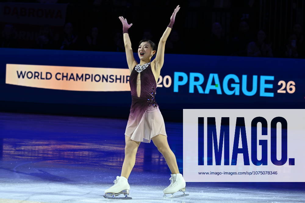 ISU Figure skating, Eiskunstlauf World Championships 2026 at the O2 Arena in Prague, Czech Republic - 27 Mar 2026 Gold medalist Kaori Sakamoto of Japan celebrate during the medal ceremony for the Women competition at the ISU Figure Skating World Championships 2026 at the O2 Arena. ISU Figure Skating World Championships 2026 takes place from 24th to 29th of March in Prague, Czech Republic. Prague Czech Republic