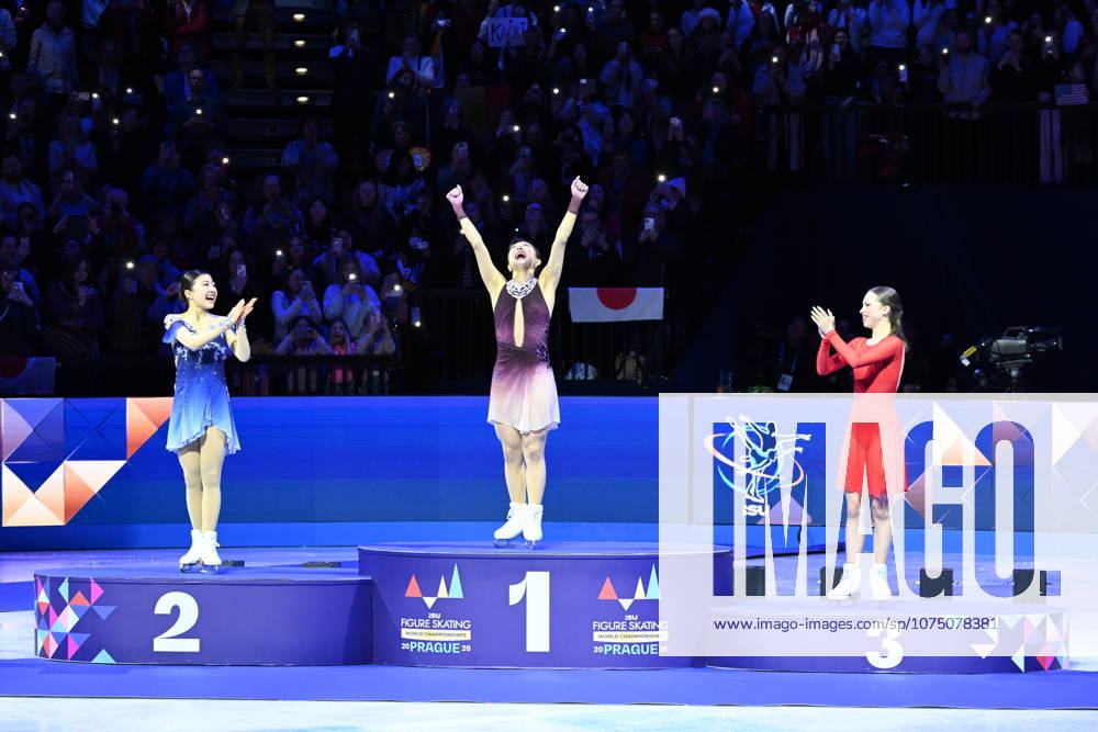 ISU Figure skating, Eiskunstlauf World Championships 2026 at the O2 Arena in Prague, Czech Republic - 27 Mar 2026 Gold medalist Kaori Sakamoto (middle) of Japan, Silver medailist Mone Chiba (L) of Japan and Bronze medailist Nina Pinzarrone of Belgium (R) as seen during the medal ceremony for the Women competition at the ISU Figure Skating World Championships 2026 at the O2 Arena. ISU Figure Skating World Championships 2026 takes place from 24th to 29th of March in Prague, Czech Republic. Prague Czech Republic