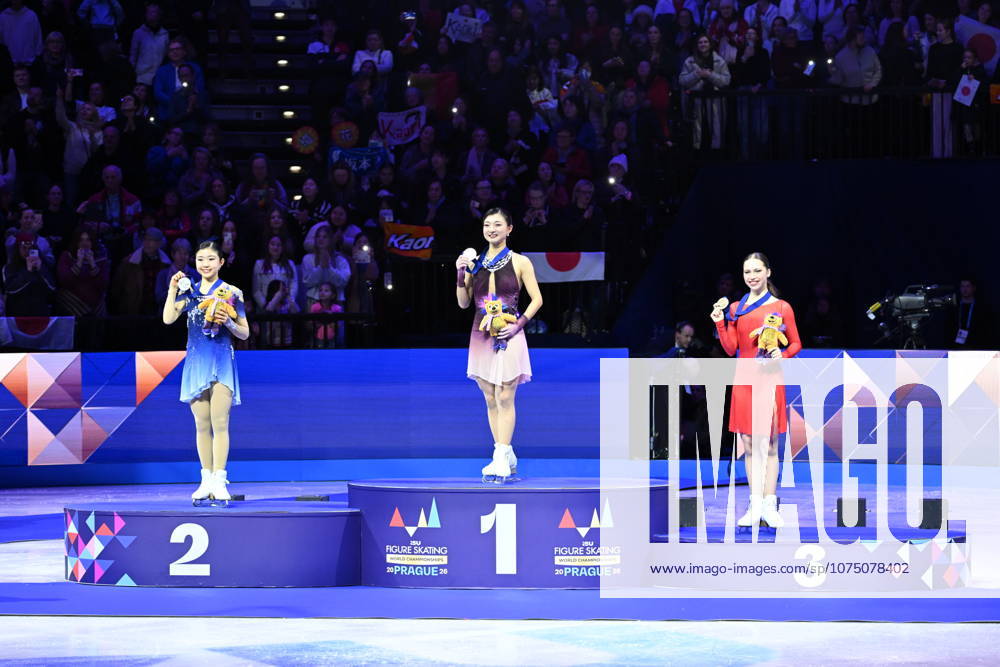 ISU Figure skating, Eiskunstlauf World Championships 2026 at the O2 Arena in Prague, Czech Republic - 27 Mar 2026 Gold medalist Kaori Sakamoto (middle) of Japan, Silver medailist Mone Chiba (L) of Japan and Bronze medailist Nina Pinzarrone of Belgium (R) as seen during the medal ceremony for the Women competition at the ISU Figure Skating World Championships 2026 at the O2 Arena. ISU Figure Skating World Championships 2026 takes place from 24th to 29th of March in Prague, Czech Republic. Prague Czech Republic