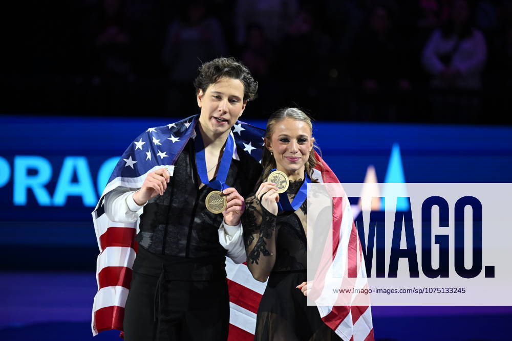 ISU Figure skating, Eiskunstlauf World Championships 2026 in Prague, Czech Republic - 28 Mar 2026 Emilea Zingas (R) and Vadym Kolesnik of the United States as seen during the medal ceremony for Ice Dance competition at the ISU Figure Skating World Championships 2026 at the O2 Arena. ISU Figure Skating World Championships 2026 takes place from 24th to 29th of March in Prague, Czech Republic. Prague Czech Republic