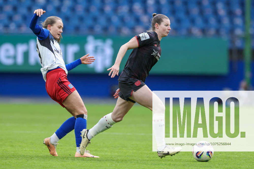 V.li.: Camilla Linberg (Hamburger SV, HSV, 47) und Claudia Wenger (Bayer 04 Leverkusen, 5) im Zweikampf, Duell, Dynamik, Aktion, Action, Spielszene, DIE DFB-RICHTLINIEN UNTERSAGEN JEGLICHE NUTZUNG VON FOTOS ALS SEQUENZBILDER UND ODER VIDEOÄHNLICHE FOTOSTRECKEN. DFB REGULATIONS PROHIBIT ANY USE OF PHOTOGRAPHS AS IMAGE SEQUENCES AND OR QUASI-VIDEO., 30.03.2026, Hamburg (Deutschland), Fussball, Google Pixel Frauen-Bundesliga, Hamburger SV - Bayer 04 Leverkusen
