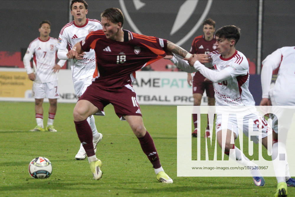 Dario Sits of Latvia and Luca Scanlon of Gibraltar in action during UEFA Nations League match between Latvia and Gibraltar in Riga, Latvia, 31.03.2026. Photo: Roman Koksarov (RKF) Riga Latvia