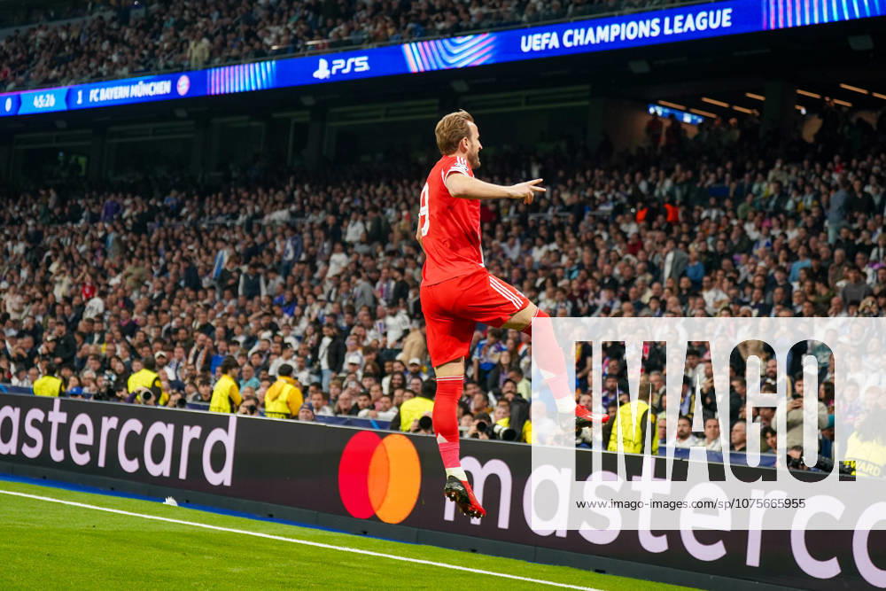 Spanien: Fussball UEFA Champions League 2025 2026, Viertelfinale - Real Madrid vs FC Bayern München - Bernabeu (Madrid): Tor und Torjubel zum 0:2 durch Harry Kane (FC Bayern München, 9) Freude, Emotionen, Jubel