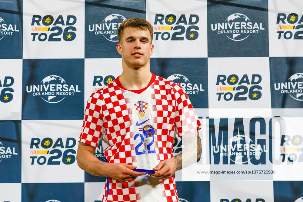 ORLANDO, FL - MARCH 26: Colombia midfielder Luka Vuskovic (22) receives the player of the game award after the Road to 26 match between Colombia and Croatia on Thursday, March 26, 2026 at Camping World Stadium in Orlando, FL. (Photo by Chris Arjoon Icon Sportswire) SOCCER: MAR 26 Road to 26 Colombia vs Croatia Icon2603260010173