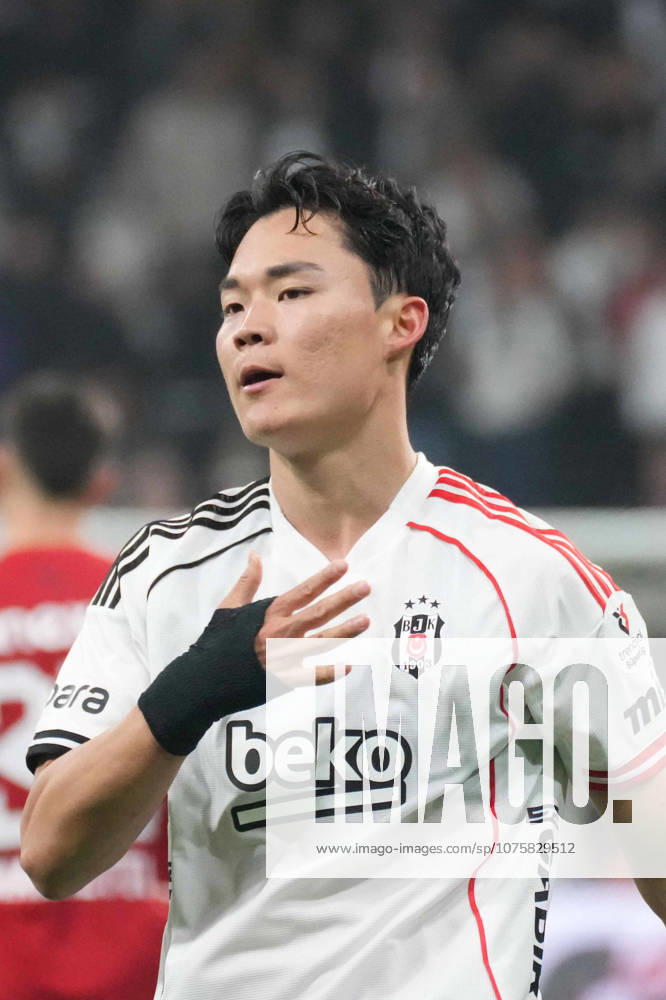 Hyun-Gyu Oh (9) of Besiktas celebrates after scoring the third goal of his team with teammates during the Trendyol Süper Lig match between Besiktas JK and Antalyaspor at Tupras Stadium on April 10, 2026 in Istanbul, Turkey. Istanbul Turkey