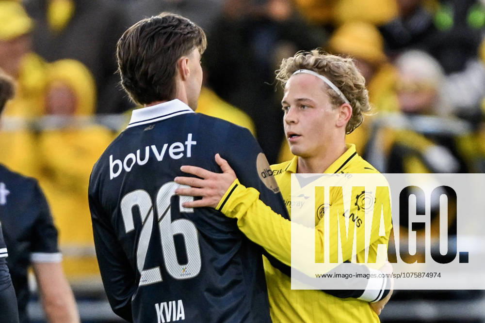 Eliteserien in football 2026 Viking Bodo Glimt Stavanger 20260411 Vikings Simen Kvia Egeskog and Bodo Glimts Sondre Auklend after the end of the elite series football match between Viking and Bodo Glimt at Lyse Arena in Stavanger Photo Carina Johansen NTB Stavanger Norway RESTRICTED USE FOR BETTING COMPANIES