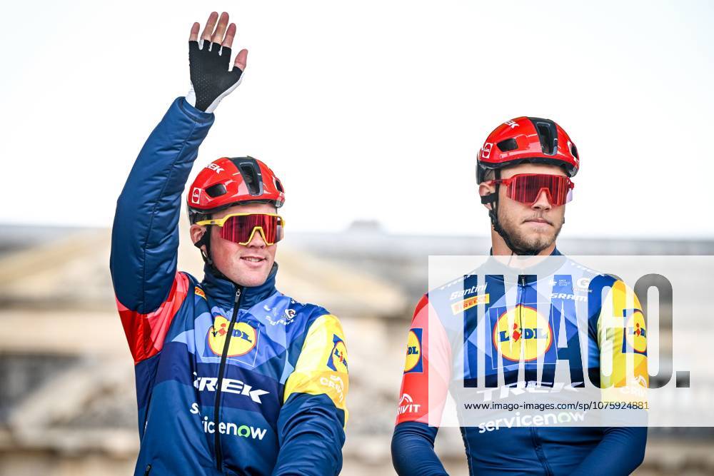 Danish Mads Pedersen of Lidl-Trek and Italian Jonathan Milan of Lidl-Trek pictured at the start of the men s Paris-Roubaix cycling race, Sunday 12 April 2026, around Roubaix, France. The 123rd edition of Paris-Roubaix cycling races will take on Sunday, with the women riding 143,1 km the men riding 258,3 km on Sunday. ELIASxROM x170551274x
