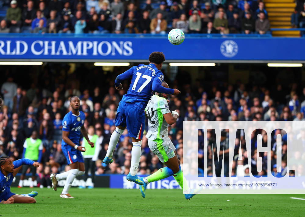 12th April 2026; Stamford Bridge, Chelsea, London, England: Premier League Football, Chelsea versus Manchester City; Andrey Santos of Chelsea heads the ball JPxFletcher